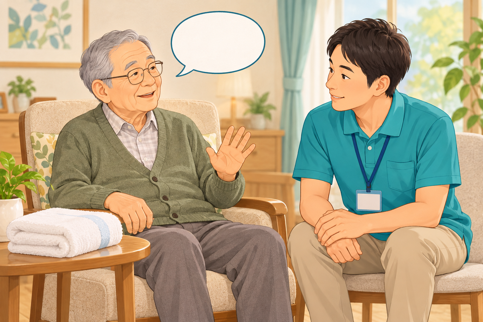 入浴前に本人の希望を聞く介護職員のイラスト