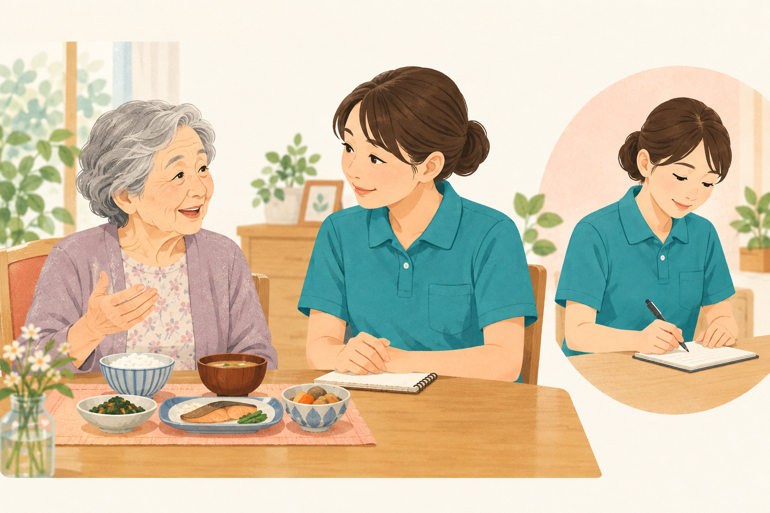食事中の本人の言葉を聞き、記録する職員のイラスト