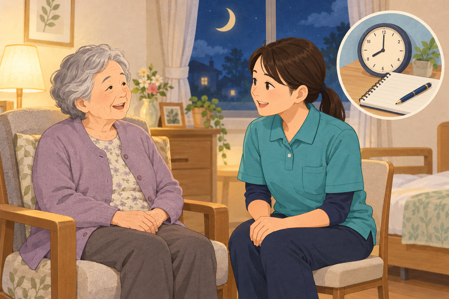 夜間、本人の話を聞く職員と時刻・記録を表すイラスト